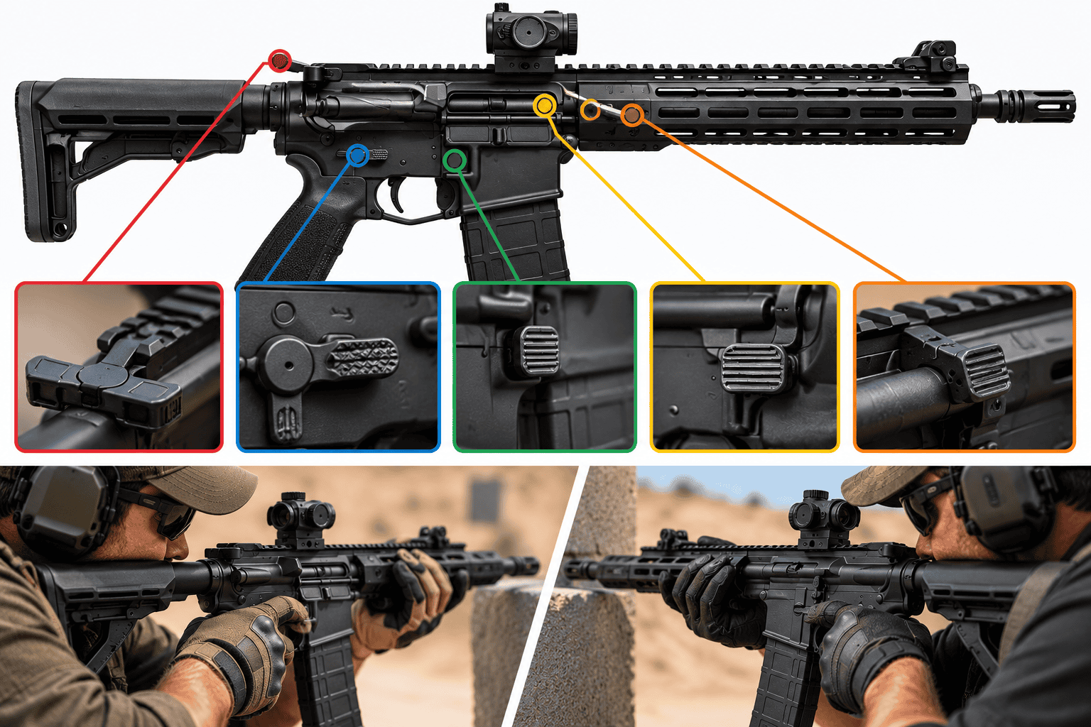 Infographic showing key ambidextrous AR-15 controls including the charging handle, safety selector, magazine release, and bolt release